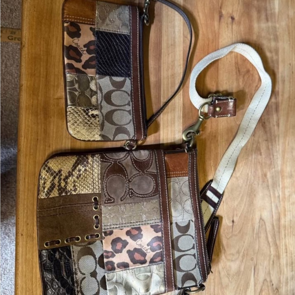 Coach Signature Brown and Tan Crossbody Bag with Leather Trim